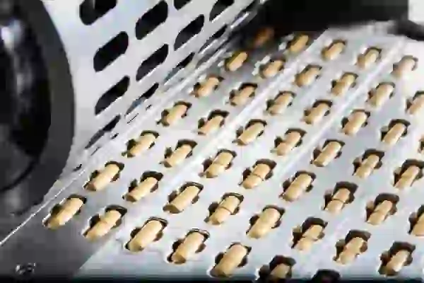 Capsules at a capsule press in a pharmaceutical manufacturing facility, closeup