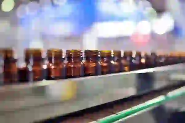 Bottles on a fill-finish line at a pharmaceutical manufacturing site