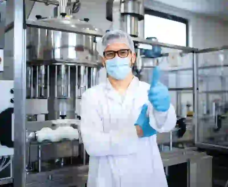 Pharmaceutical operator smiling, thumbs up